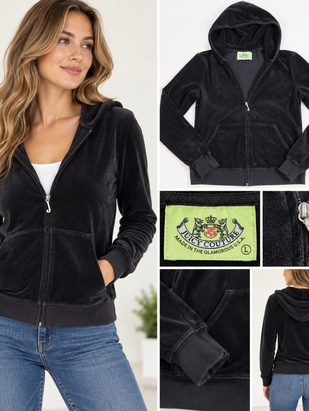 Vintage Juicy Couture Black Velour Hoodie with Lime Label